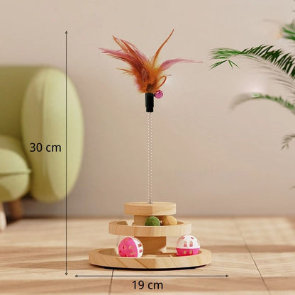 Katze Spielzeug, Kugelbahn für Katzen mit Katzenangel, Holzspielzeug zur Selbstunterhaltung, 30 cm hoch