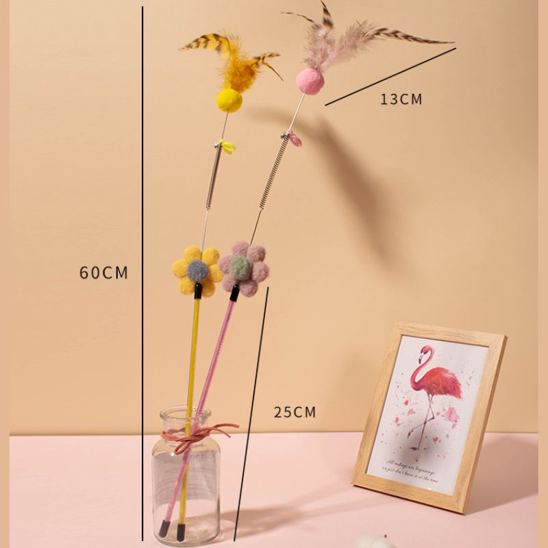 Katze Spielzeug, Katzenangel mit Plüschball, Federn & Blumen-Deko, robust & langlebig, Blumen in Pink, Stabfarbe zufällig, 60cm lange (1 Stück)