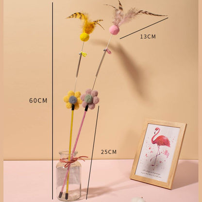 Katze Spielzeug, Katzenangel mit Plüschball, Federn & Blumen-Deko, robust & langlebig, Blumen in Pink, Stabfarbe zufällig, 60cm lange (1 Stück)