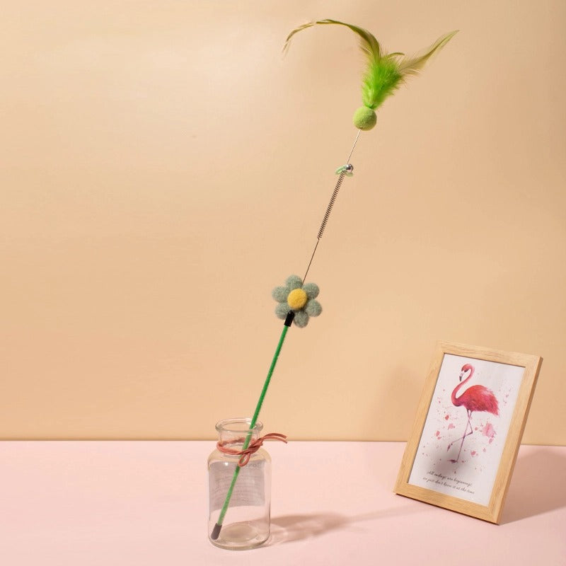 Katze Spielzeug, Katzenangel mit Plüschball, Federn & Blumen-Deko, robust & langlebig, Blumen in Pink, Stabfarbe zufällig, 60cm lange (1 Stück)