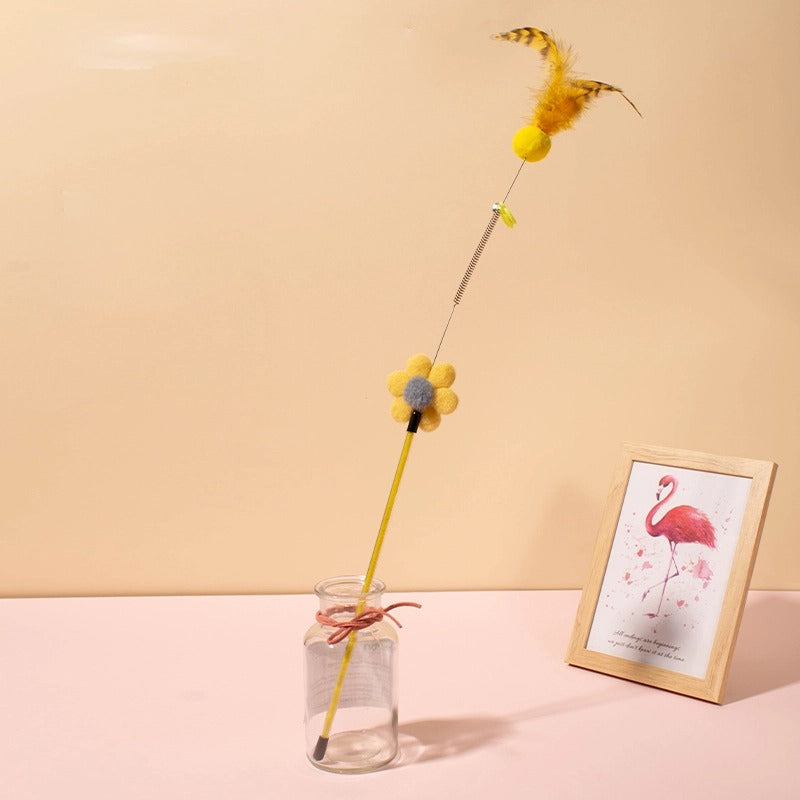 Katze Spielzeug, Katzenangel mit Plüschball, Federn & Blumen-Deko, robust & langlebig, Blumen in Pink, Stabfarbe zufällig, 60cm lange (1 Stück)