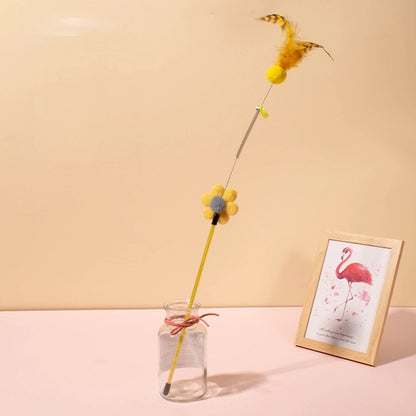 Katze Spielzeug, Katzenangel mit Plüschball, Federn & Blumen-Deko, robust & langlebig, Blumen in Pink, Stabfarbe zufällig, 60cm lange (1 Stück)