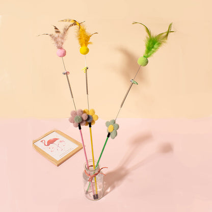 Katze Spielzeug, Katzenangel mit Plüschball, Federn & Blumen-Deko, robust & langlebig, Blumen in Pink, Stabfarbe zufällig, 60cm lange (1 Stück)