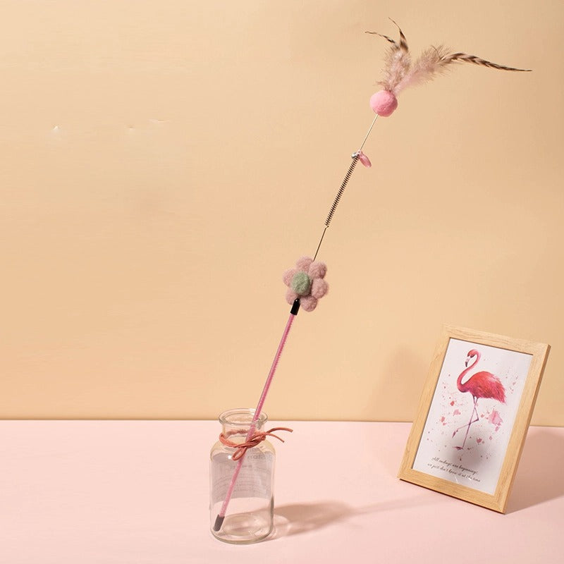 Katze Spielzeug, Katzenangel mit Plüschball, Federn & Blumen-Deko, robust & langlebig, Blumen in Pink, Stabfarbe zufällig, 60cm lange (1 Stück)