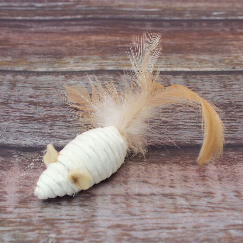 Katzen Spielzeug, Katzenspielzeug Maus mit Glöckchen, aus Papierband und Feder, Verfügbar in Braun und Weiß