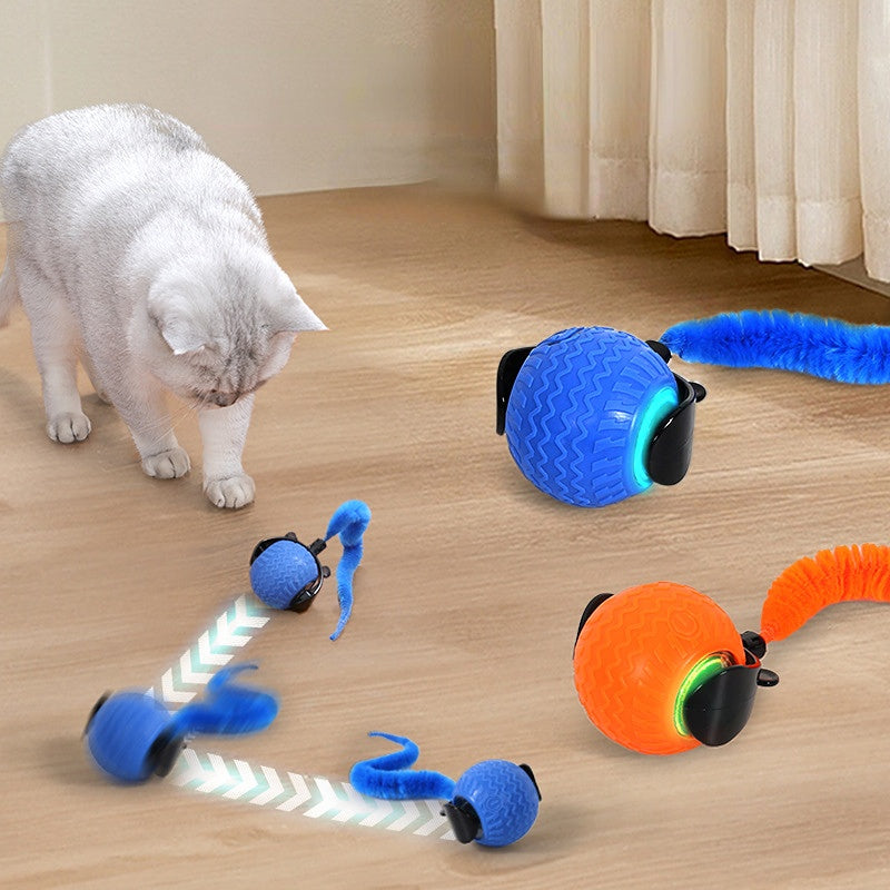 Katzenspielzeug Elektrisch, Interaktiver Spielball für Katzen, Weiches Gummimaterial, Orange & Blau, Katze spielt alleine