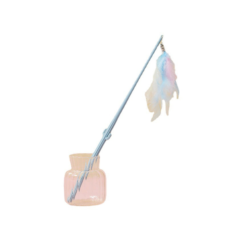 Katze Spielzeug, Interaktive Katzenangel Feder, Langlebiges Griff in Kaktusform, Drei-farbig Auswahl in Grün, Gelb & Blau