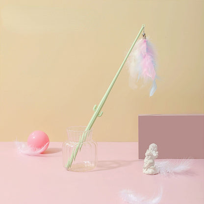 Katze Spielzeug, Interaktive Katzenangel Feder, Langlebiges Griff in Kaktusform, Drei-farbig Auswahl in Grün, Gelb & Blau