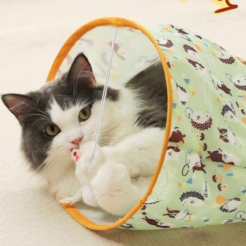 Katzentunnel für Katzen, Katzen Rascheltunnel, Katzenbohrer Tasche mit Tiermotiven & Plüschmaus, für Mehrkatzenhaushalte