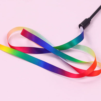Katze Spielzeug, Katzenangel Regenbogenbänder mit elastischem Kunststoffgriff & 100 cm Regenbogenbänder für endlosen Spielspaß