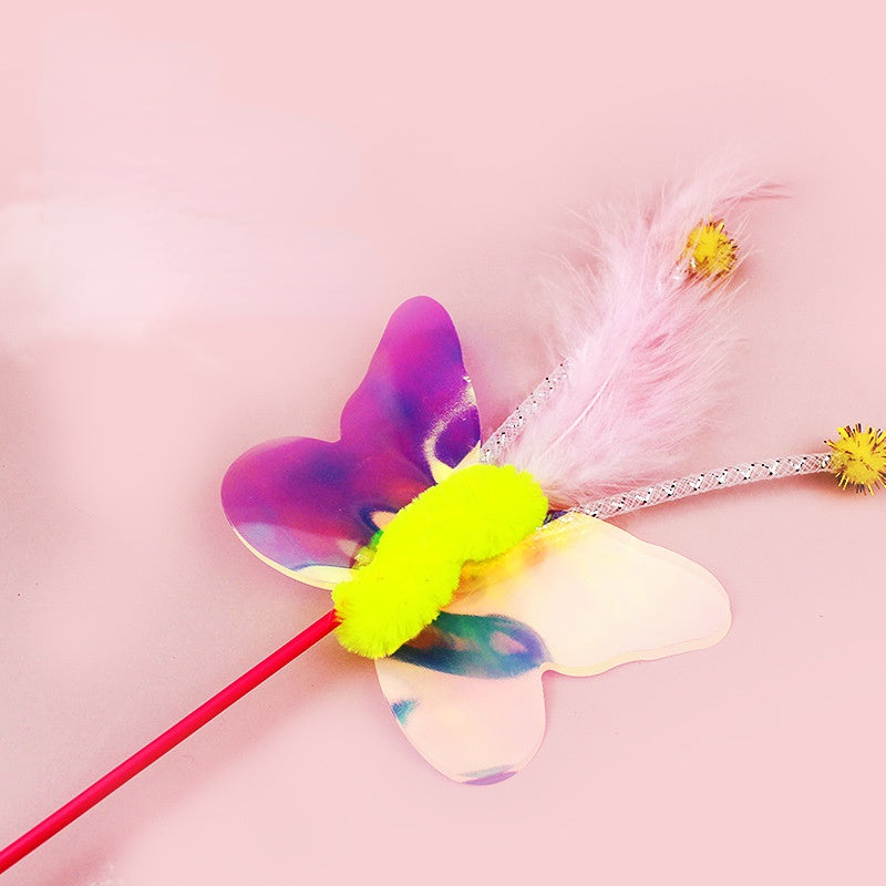 Katzen Spielzeug, Katzenangel mit Bunte Pailletten-Feder Insekten-Serie, Schmetterling, Libelle & Karotte für Katzen Fröhlich