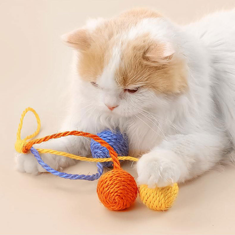 Katzen Spielzeug, Hängendes Katzenball, 3 bunten Hanfseilball, Eingebauter Klangstein, Selbstspiel- Interessante