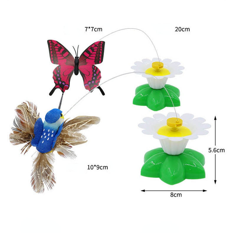 Katzenspielzeug elektrisch, Katzenangel mit Blumenförmiger Sockel Drehung Schmetterling & Kolibri, Farben zufällig