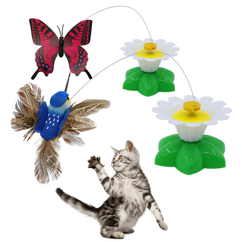 Katzenspielzeug elektrisch, Katzenangel mit Blumenförmiger Sockel Drehung Schmetterling & Kolibri, Farben zufällig