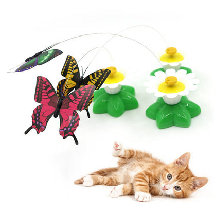 Katzenspielzeug elektrisch, Katzenangel mit Blumenförmiger Sockel Drehung Schmetterling & Kolibri, Farben zufällig