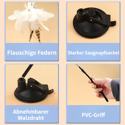 Katzen Spielzeug, Saugnapf-Katzenangel, Elastischer Stahldraht mit Weißen Feder & Glocken, Austauschbare Köpfe erhältlich