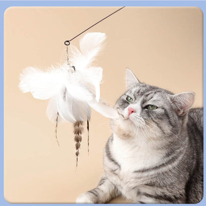 Katzen Spielzeug, Saugnapf-Katzenangel, Elastischer Stahldraht mit Weißen Feder & Glocken, Austauschbare Köpfe erhältlich