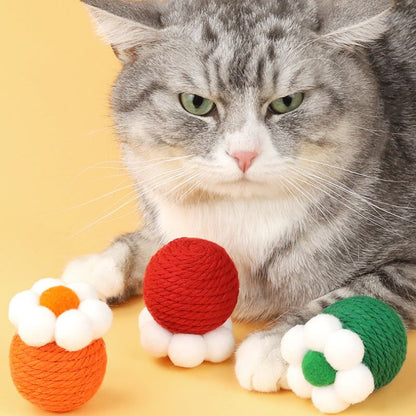 Spielzeug Katzen, Katzenspielzeug Ball aus Plüsch und Baumwollseil in Blumenform, Erhältlich in Grün, Orange und Rot für verspielte Katzen