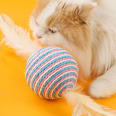 Spielzeug Katze, Katzenball aus Sisal und Federn, 5-teiliges Set, Katzerball 10 cm Durchmesser für spielende Katzen