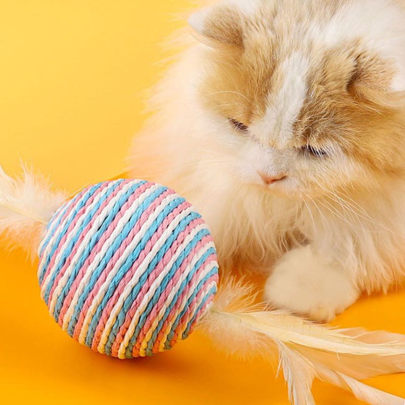 Spielzeug Katze, Katzenball aus Sisal und Federn, 5-teiliges Set, Katzerball 10 cm Durchmesser für spielende Katzen