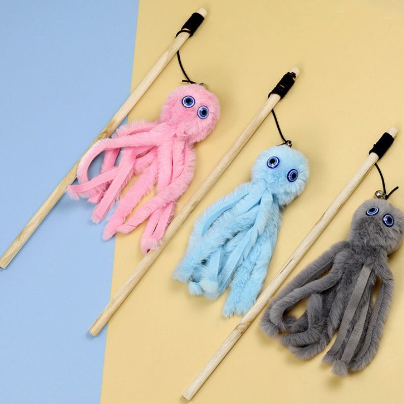 Katze Spielzeug, Bunte Katzenangel Plüschkrake Mit Holzstock, Fang Den Spaß Mit Elastischem Seil Für Katzen, Ideal Für Aktive Spielstunden