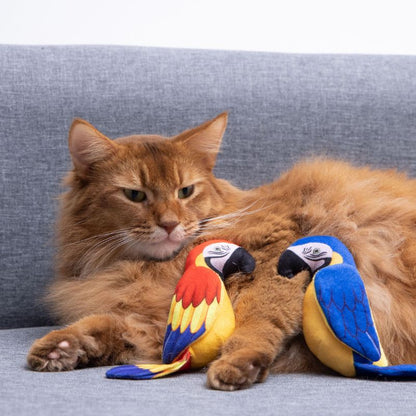 Kuscheltier Katze, Realistisches Papageien-Design, 16cm, mit Knisterpapier für spannende Geräusche, in Blau oder Rot