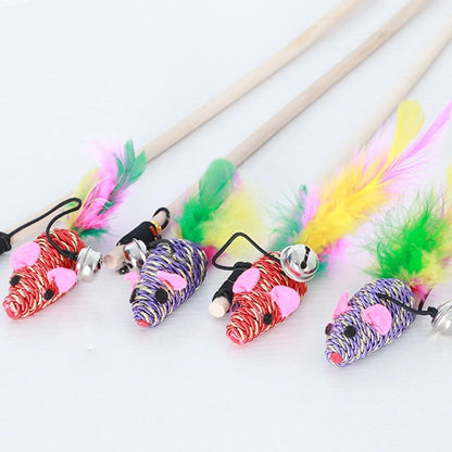 Katzen Spielzeug, Interaktive Katzenangel mit buntem Mausspielzeug und Federdekoration, stabilen Holzstab, Farbe zufällig, circa 40 cm Länge