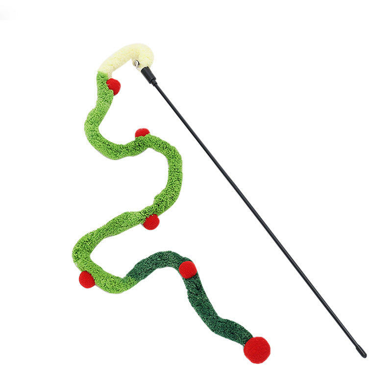 Katze Spielzeug, Raupen-Katzenangel mit Kleine Glocke, Langer Plüsch in Blau, Pink & Grün, 48 cm Holzgriff, Interaktives