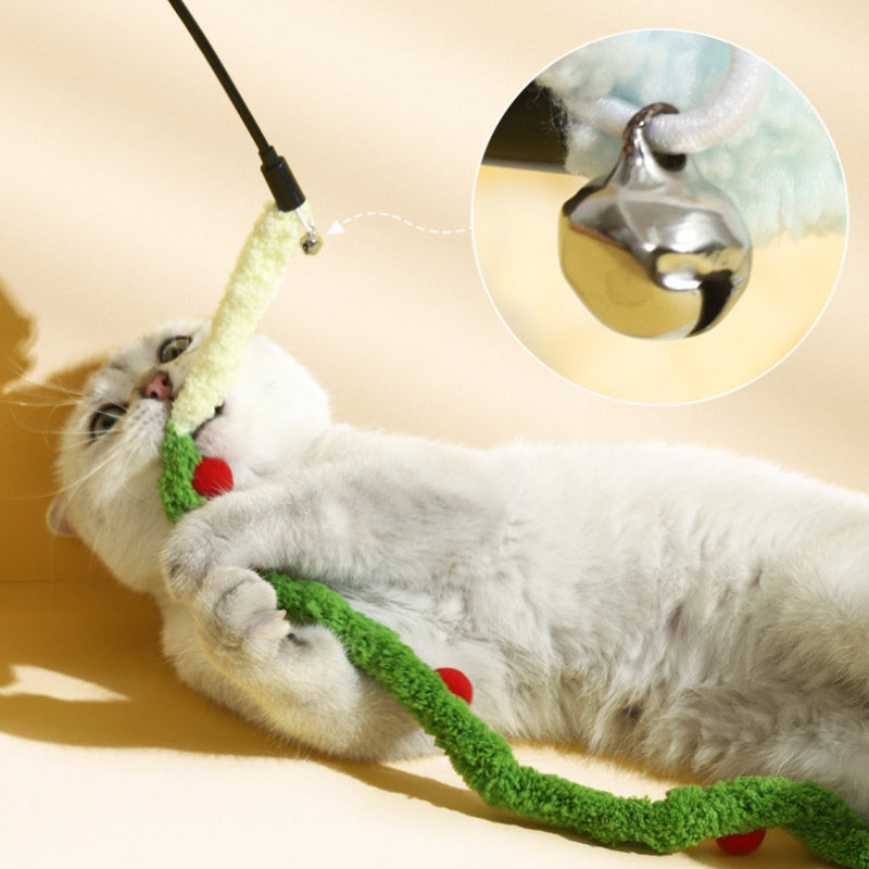 Katze Spielzeug, Raupen-Katzenangel mit Kleine Glocke, Langer Plüsch in Blau, Pink & Grün, 48 cm Holzgriff, Interaktives