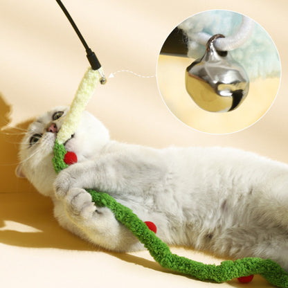 Katze Spielzeug, Raupen-Katzenangel mit Kleine Glocke, Langer Plüsch in Blau, Pink & Grün, 48 cm Holzgriff, Interaktives