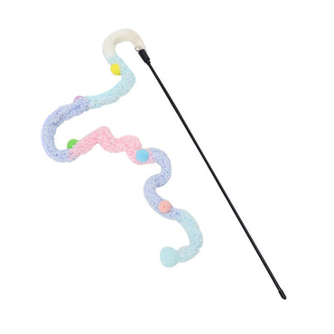 Katze Spielzeug, Raupen-Katzenangel mit Kleine Glocke, Langer Plüsch in Blau, Pink & Grün, 48 cm Holzgriff, Interaktives