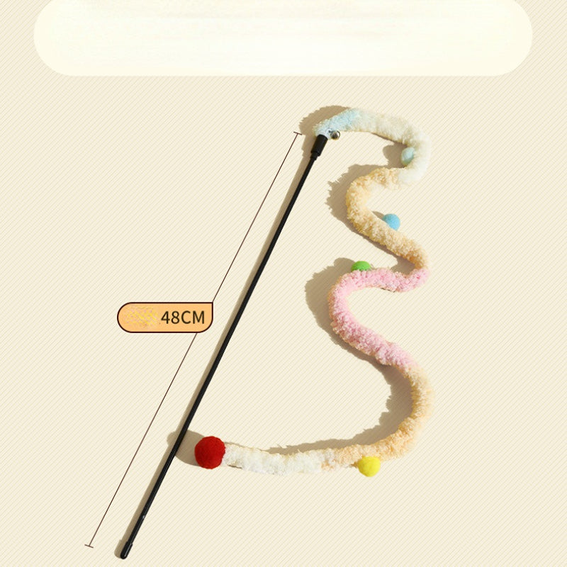 Katze Spielzeug, Raupen-Katzenangel mit Kleine Glocke, Langer Plüsch in Blau, Pink & Grün, 48 cm Holzgriff, Interaktives