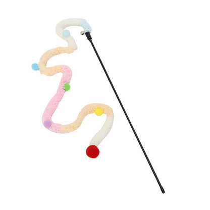 Katze Spielzeug, Raupen-Katzenangel mit Kleine Glocke, Langer Plüsch in Blau, Pink & Grün, 48 cm Holzgriff, Interaktives