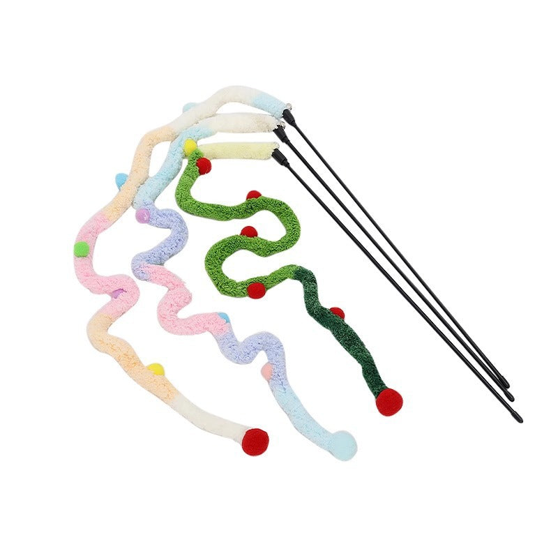 Katze Spielzeug, Raupen-Katzenangel mit Kleine Glocke, Langer Plüsch in Blau, Pink & Grün, 48 cm Holzgriff, Interaktives