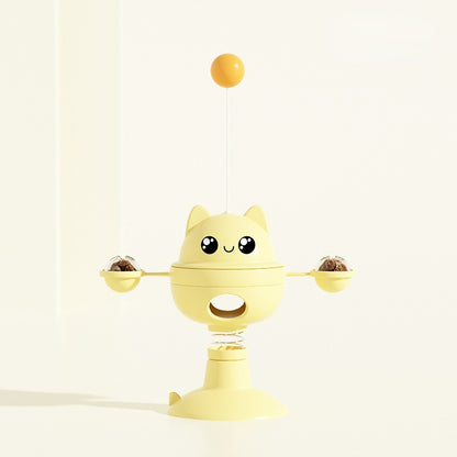 Katzen Intelligenzspielzeug, Katzenform Drehbarer Futterspielzeug mit Katzenangel & Saugnapfvorrichtung, Selbstspiel für Katzen