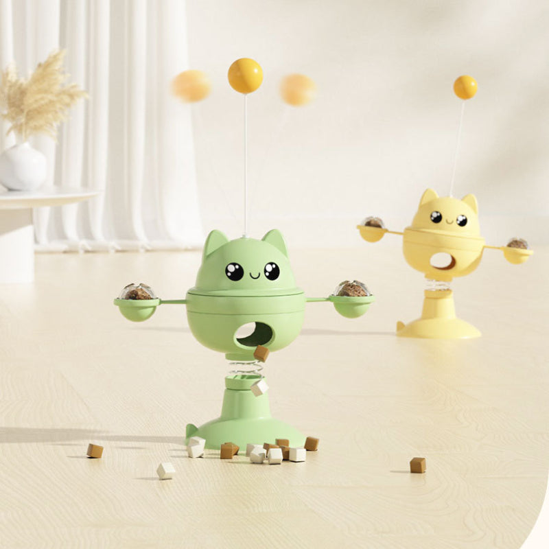 Katzen Intelligenzspielzeug, Katzenform Drehbarer Futterspielzeug mit Katzenangel & Saugnapfvorrichtung, Selbstspiel für Katzen