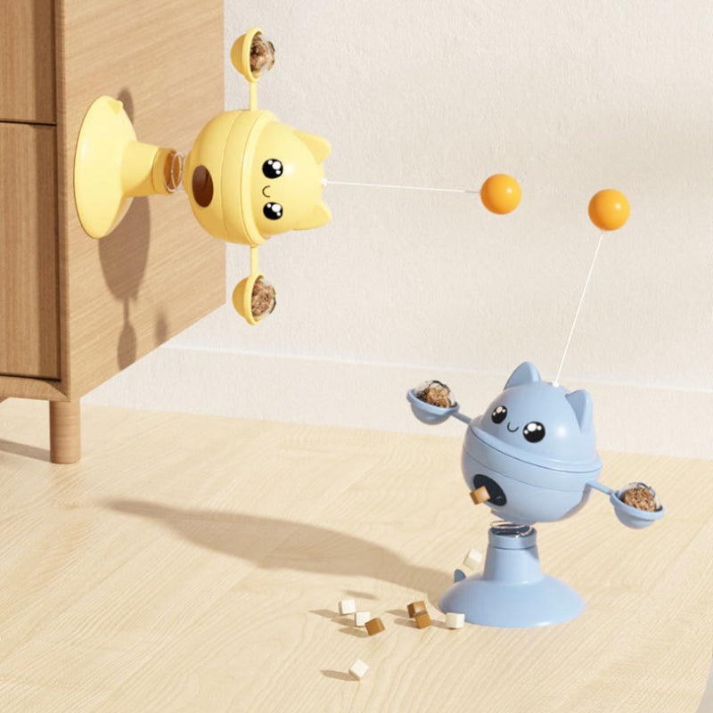 Katzen Intelligenzspielzeug, Katzenform Drehbarer Futterspielzeug mit Katzenangel & Saugnapfvorrichtung, Selbstspiel für Katzen