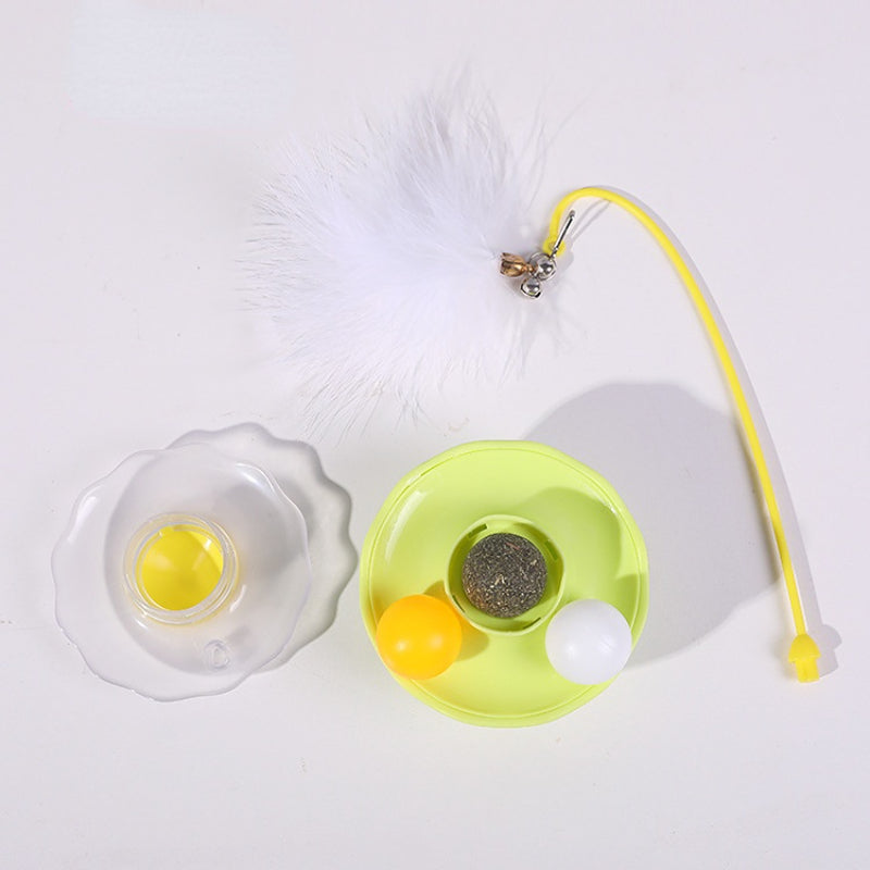 Katzen Spielzeug, Gelb Cat-Drehteller, Kippsicheres Design mit Wackel Federglocken-Katzenangel & Katzenminze-Bälle