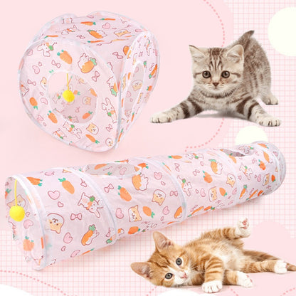 Katzentunnel, Cartoon Druckmuster Faltbarer Katzentunnel mit Hängende Plüschbälle, 3 Varianten – Gerade, Quadrat, S-Form
