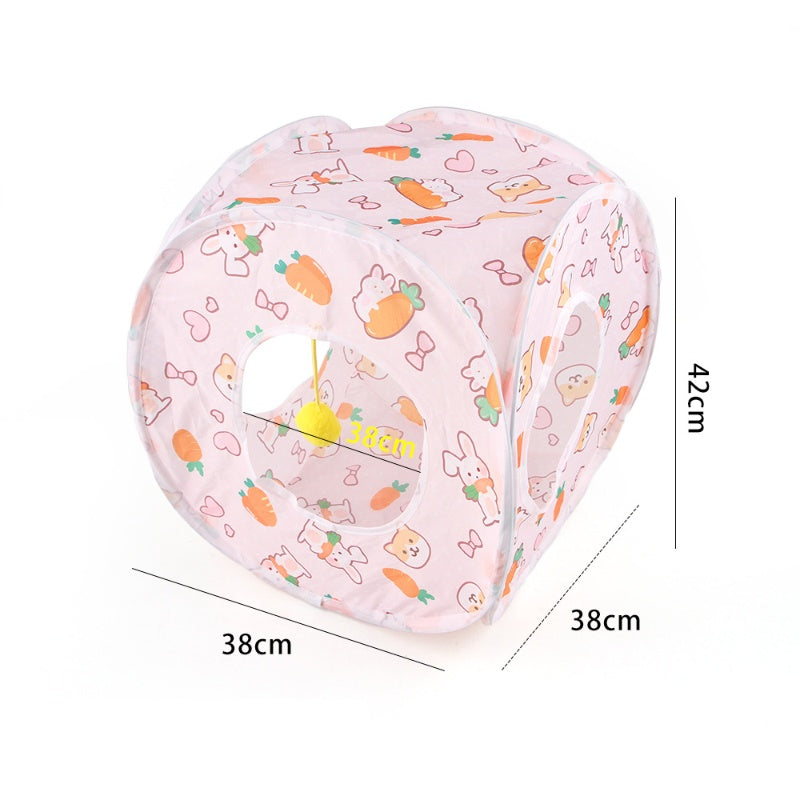 Katzentunnel, Cartoon Druckmuster Faltbarer Katzentunnel mit Hängende Plüschbälle, 3 Varianten – Gerade, Quadrat, S-Form
