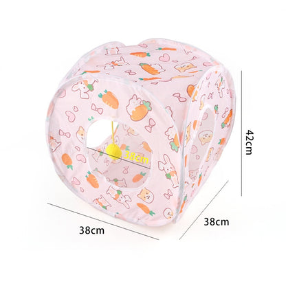 Katzentunnel, Cartoon Druckmuster Faltbarer Katzentunnel mit Hängende Plüschbälle, 3 Varianten – Gerade, Quadrat, S-Form
