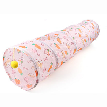 Katzentunnel, Cartoon Druckmuster Faltbarer Katzentunnel mit Hängende Plüschbälle, 3 Varianten – Gerade, Quadrat, S-Form