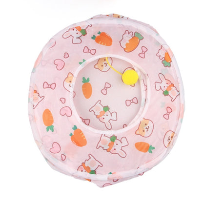 Katzentunnel, Cartoon Druckmuster Faltbarer Katzentunnel mit Hängende Plüschbälle, 3 Varianten – Gerade, Quadrat, S-Form