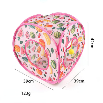 Katzentunnel mit Sommerfrucht-Druckmuster, faltbar, Hängender Plüsch-Katzenball, Rosa Serie, 3 Stile für aktive Katzen