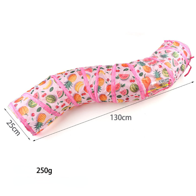 Katzentunnel mit Sommerfrucht-Druckmuster, faltbar, Hängender Plüsch-Katzenball, Rosa Serie, 3 Stile für aktive Katzen