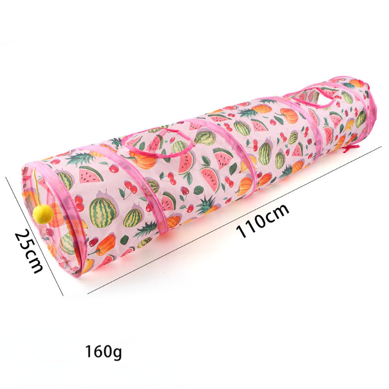 Katzentunnel mit Sommerfrucht-Druckmuster, faltbar, Hängender Plüsch-Katzenball, Rosa Serie, 3 Stile für aktive Katzen