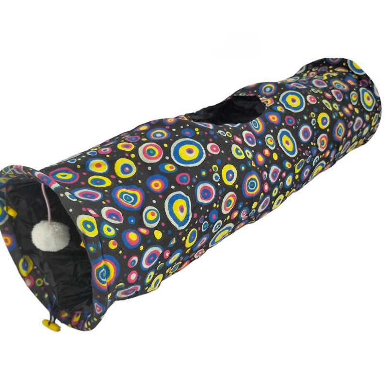 Katzentunnel für Katzen, Bunter Kreisdruckmuster aus strapazierfähigem Canvas mit Plüschbällen, Faltbares, 84x25x25 cm