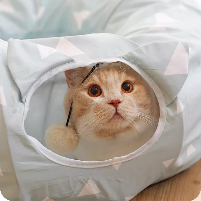 Katzentunnel für Katzen, hellblaues Dreiecksmuster runder mit Matte, Faltbar & Abnehmbar Katzen Spieltunnel, 275x45x45 cm