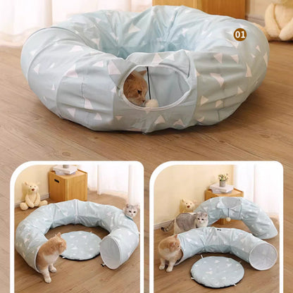 Katzentunnel für Katzen, hellblaues Dreiecksmuster runder mit Matte, Faltbar & Abnehmbar Katzen Spieltunnel, 275x45x45 cm