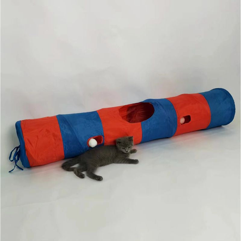 Katzentunnel, Rot Orange & blaue Streifen Katzenspielzeug aus Polyester, Runde Öffnung, faltbar, ideal für verspielte Katzen